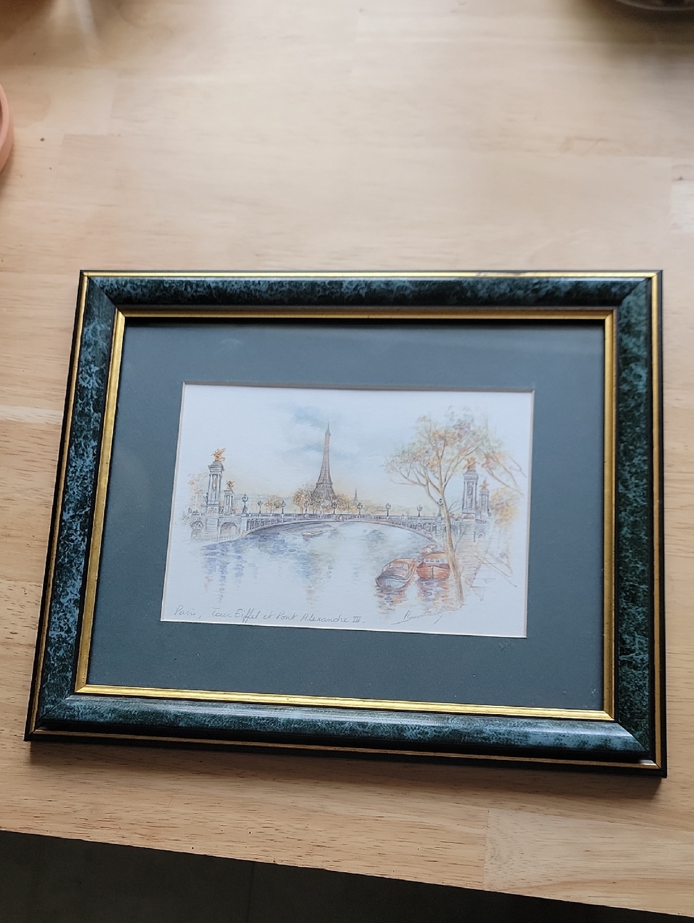 Framed Eiffel Tower Watercolor Print in Green & Gold Frame